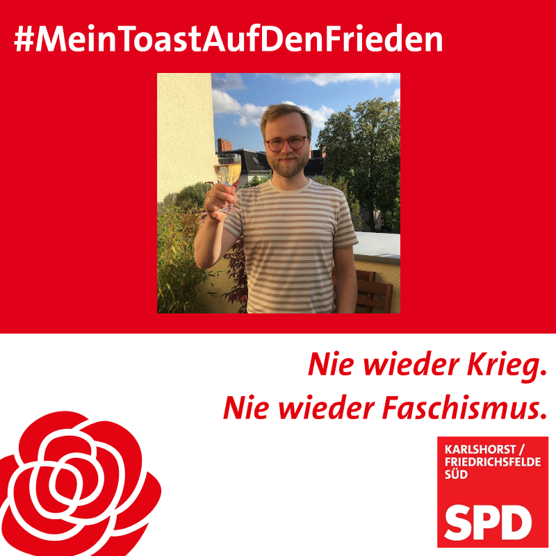 #MeinToastAufDenFrieden von unserem Co-Vorsitzenden Fabian Odoj: "Seit nun 75 Jahren in Frieden zu leben muss für uns jeden Tag aufs Neue ein Ansporn sein, diesen nicht nur zu bewahren, sondern allen Menschen weltweit ein Leben in Frieden zu ermöglichen."
#8Mai
#TagDerBefreiung