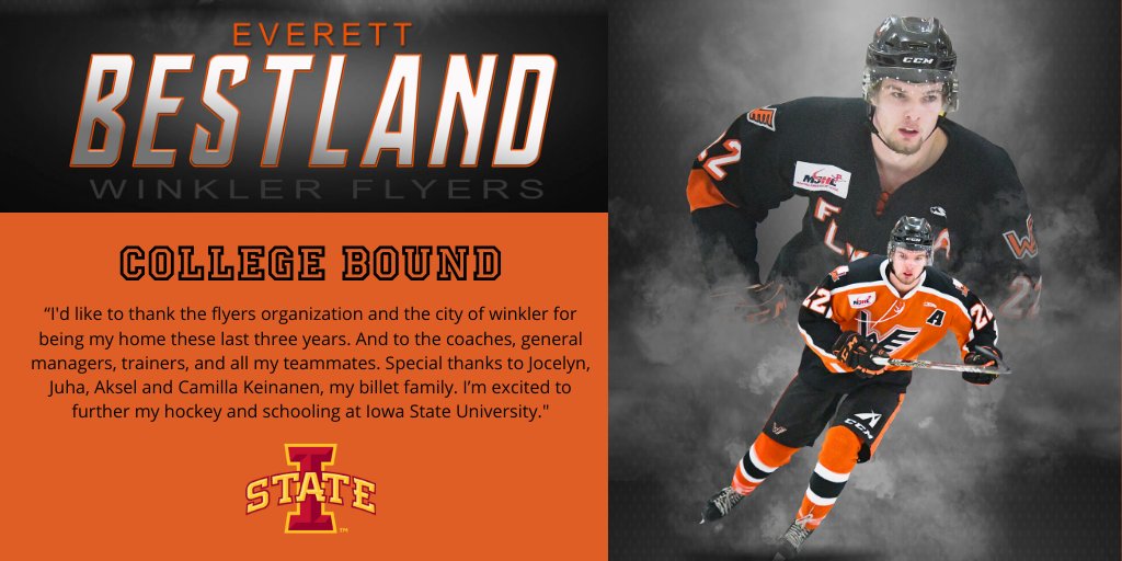 winklerflyers's tweet photo. !Commitment Alert! This one's going the other way, congrats to college man Everett Bestland on his commitment to Iowa State University!  

The Beast of Brunkild is a legendary teammate and one of the best humans this side of the 49th parallel, fantastic pickup by @CycloneHockey! https://t.co/BRkJdLeOKj