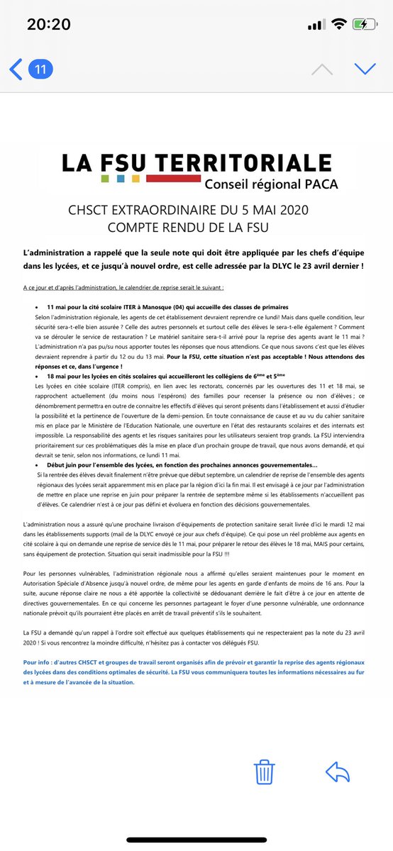 FSUregionSUD's tweet photo. ⁦@FSUregionSUD⁩ compte rendu lycées Chsct extraordinaire du 5 mai https://t.co/Ajm1TOCiSh