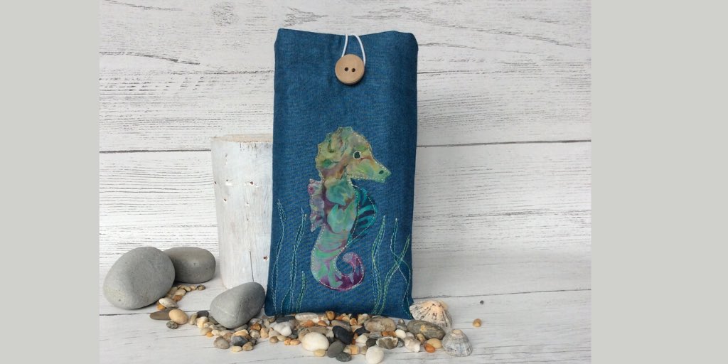 JHtextiledesign's tweet photo. #womeninbizhour I love walking along the beach looking into #rockpools picking up #seashells never spotted a #seahorse so I have produced my own #freemotionembroidered  onto this cute #speccase https://t.co/mMX5vhKmfZ