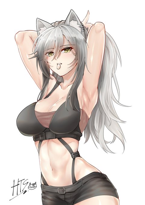 schwarz #腋 #アークナイツ #明日方舟 #シュヴァルツ #オペレーター #ポニーテール #ウェーブヘア #おなか #腹筋 #咥え髪留め https://t.co/H52nqJNSzp 