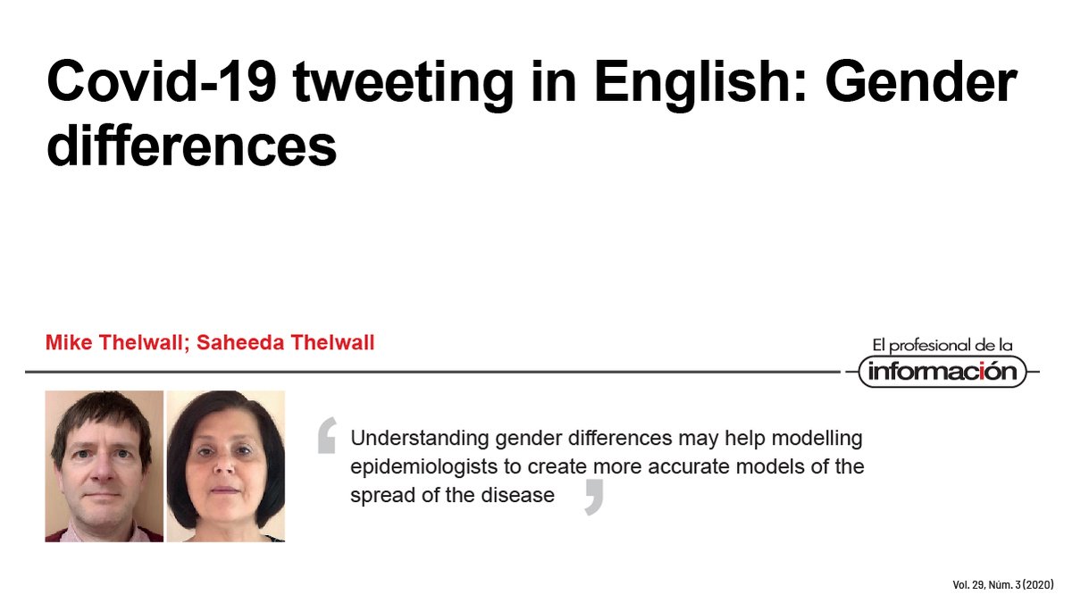 📝 Covid-19 tweeting in English: Gender differences. Article by  @mikethelwall and @saheedathelwall

▶️ doi.org/10.3145/epi.20…

#Covid19 #Coronavirus #Twitter #Gender #PublicHealthInformation