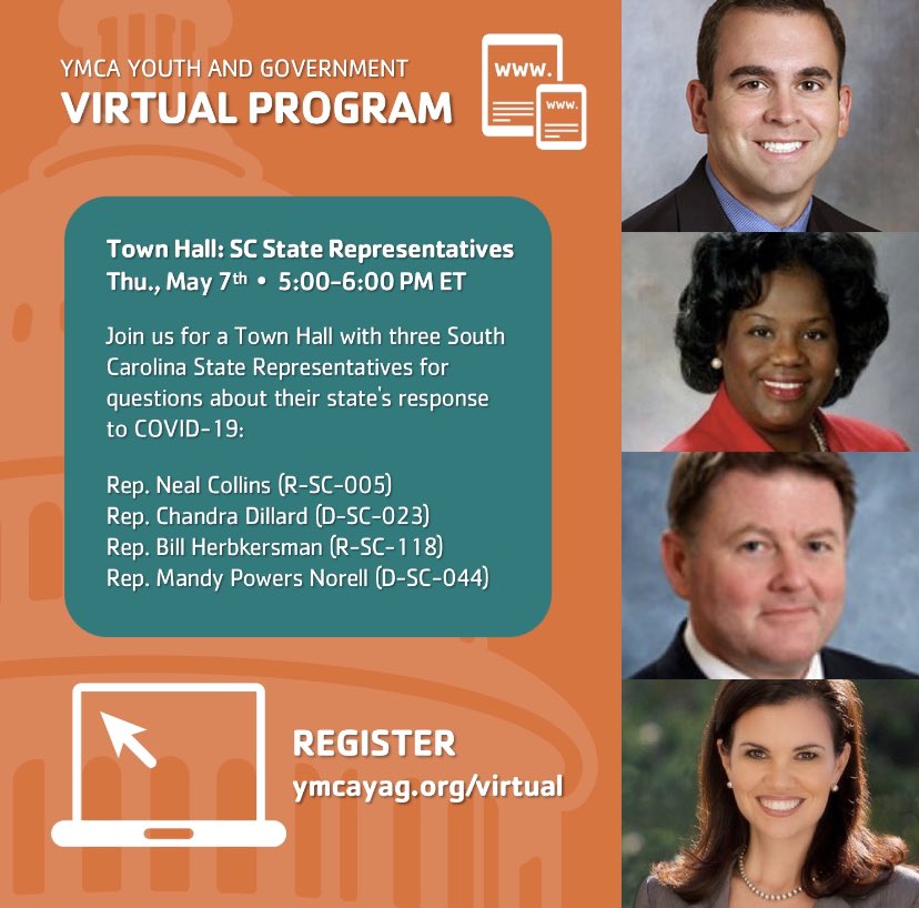 Virtual Town Hall for any high school or college students to discuss SC reopening and other COVID19 issues and questions with <a href="/collins_neal/">Rep. Neal Collins</a> <a href="/MPowersNorrell/">Mandy Powers Norrell</a> <a href="/chandradillard/">Chandra Dillard</a> <a href="/HerbkersmanBill/">Bill Herbkersman (R-SC118)</a> Register at ymcayag.org/virtual Please join us! #ymca #HereForGood