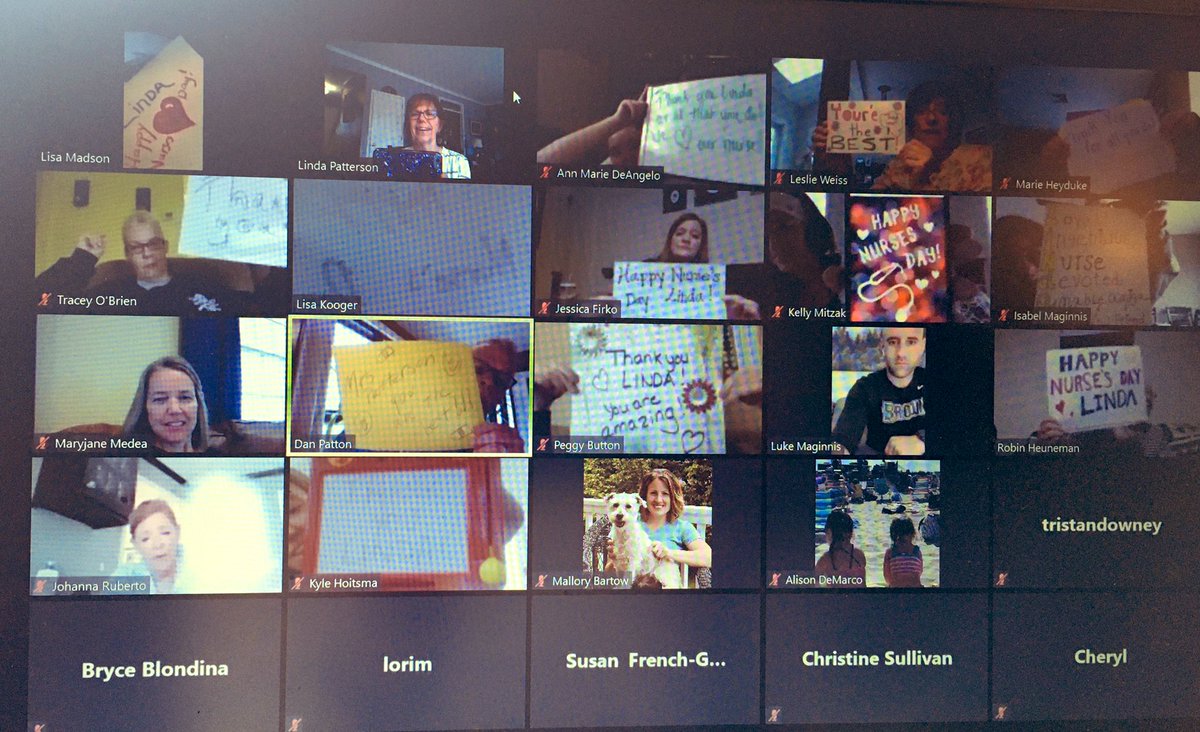 CalifonStrong's tweet photo. HAPPY NURSES DAY!

Thank you to our School nurse, Mrs. Patterson. She will be finishing up her 20th year @ Califon!
During today’s Zoom meeting, staff held up signs to show their appreciation. We appreciate you so much &amp; everything you do!
#CalifonStrong 💪 🐾 
#CalifonCares 💛💜 https://t.co/w0cAddzYEO