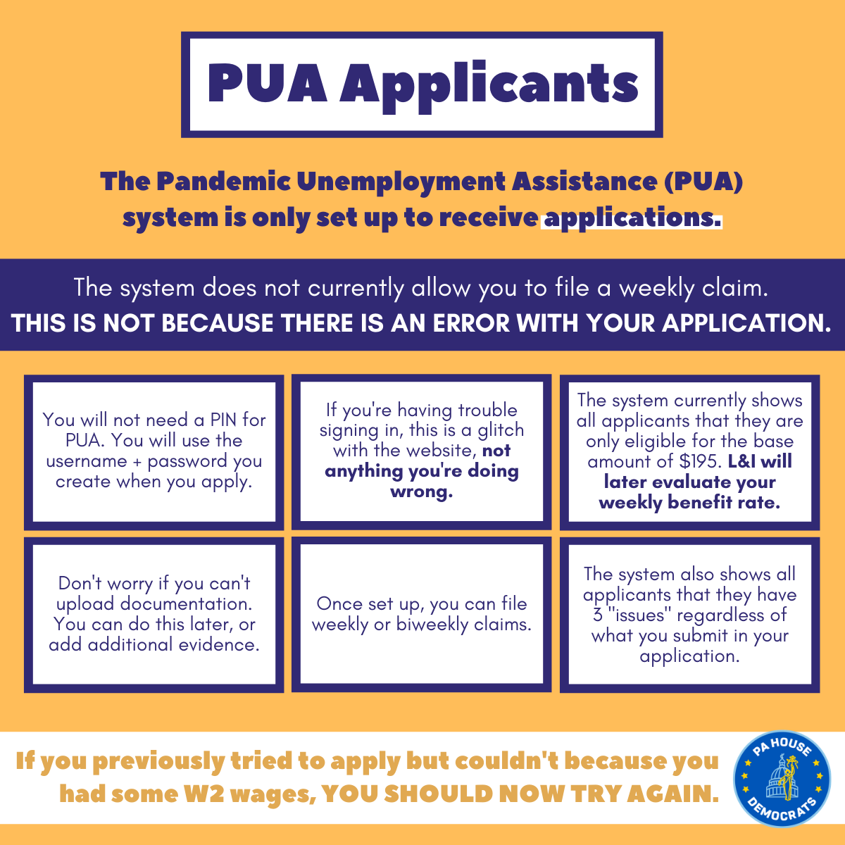 Here is some information about the error you might have received when filing for PUA.