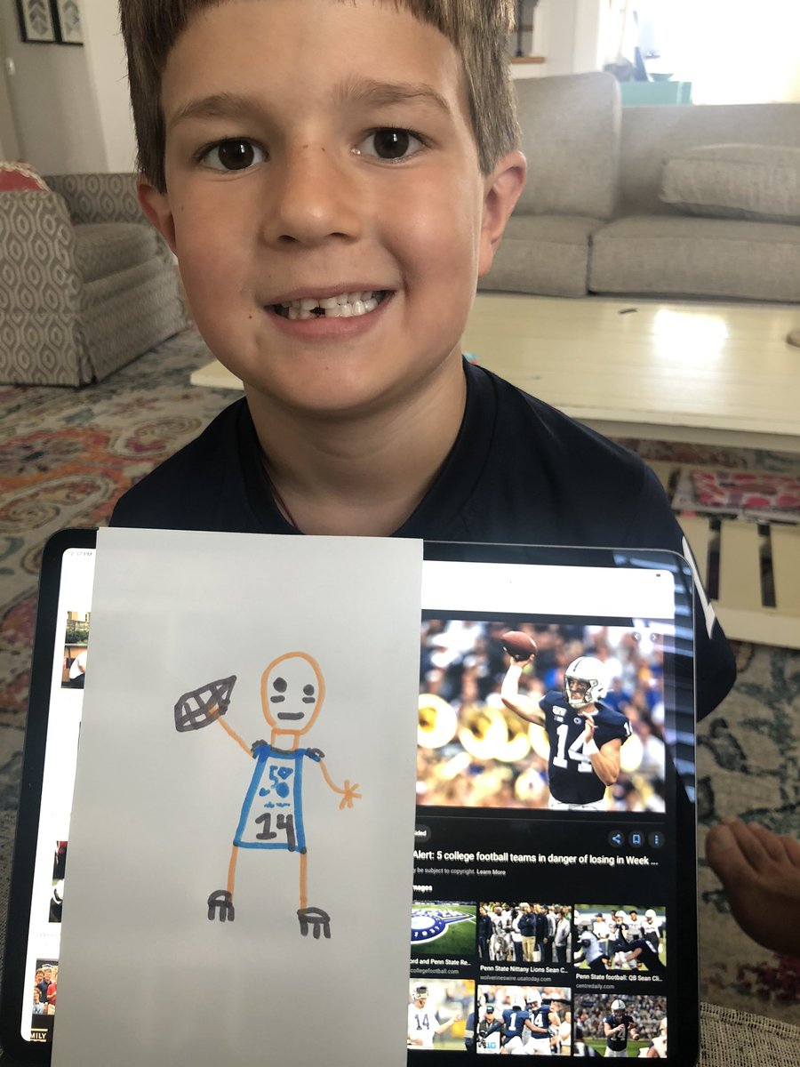 ahanhauser's tweet photo. AJ’s art assignment for today, @seancliff14 drawings 🏈 #PSU https://t.co/QZMgeKx3QF