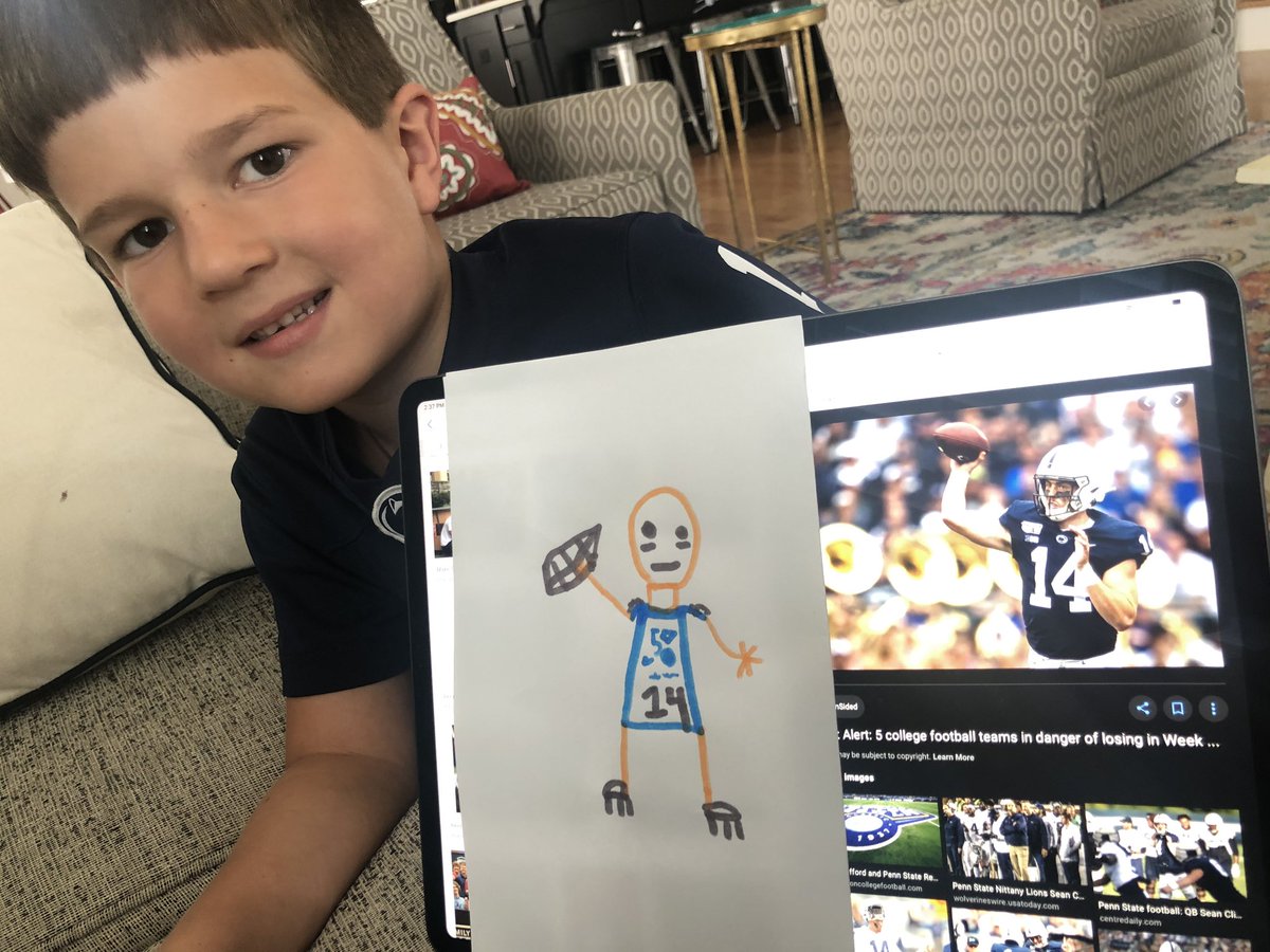 ahanhauser's tweet photo. AJ’s art assignment for today, @seancliff14 drawings 🏈 #PSU https://t.co/QZMgeKx3QF
