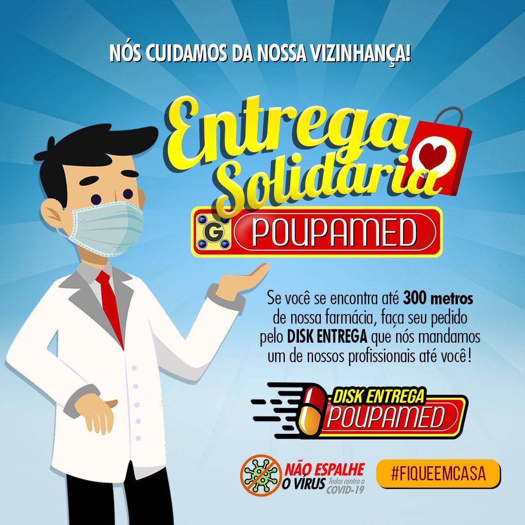fpoupamed's tweet photo. A FARMÁCIA AMIGA DA VIZINHANÇA! 😊🏠

Se você mora até 300 metros de uma de nossas farmácias, NÃO SAIA DE CASA: nós deslocamos um de nossos profissionais para ir entregar no seu endereço! 
Basta fazer seu pedido e receber tudo SEM COBRANÇA DE TAXA! #poupamed #entregasolidaria https://t.co/cXwCNKYSFA