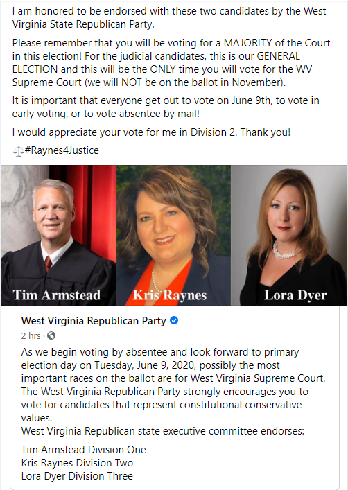 raynes4justice's tweet photo. Please remember that you will be voting for a MAJORITY of the Court in this election! For the judicial candidates, this is our GENERAL ELECTION and this will be the ONLY time you will vote for the WV Supreme Court (we will NOT be on the ballot in November). 

⚖️#Raynes4Justice https://t.co/bMjgBH6r8P