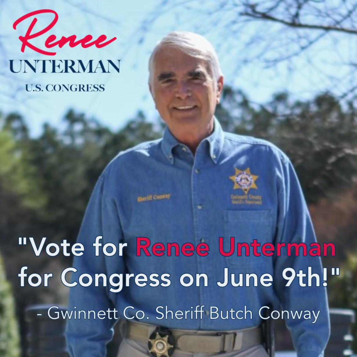 Renee_Unterman's tweet photo. “Renee Unterman is the proven #ConservativeFighter who is tough on crime, and she is the only candidate I trust to support local law enforcement and ensure our work to crack down on criminal illegals remains successful." - Gwinnett Co. Sheriff Butch Conway #MAGA https://t.co/nZ1u92VnOM