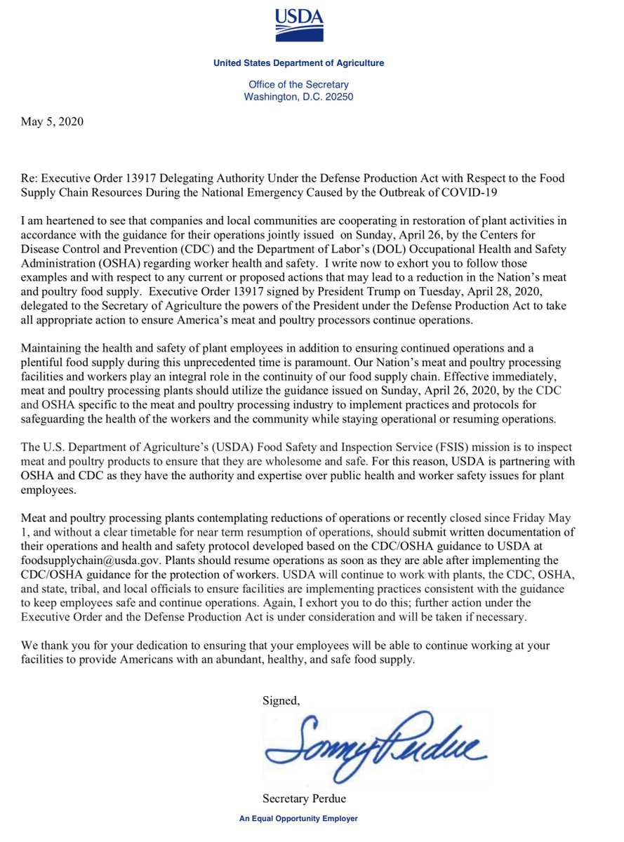 Not to be outdone by  @SecretarySonny follow up letter to Meat Packing plants & ownersMOBs gotta MOBwhispers State AGs clapped back, wait for eeeett“Executive Order 13917 Delegating Authority Under the Defense Production Act with Respect to the Food Supply Chain Resources...”