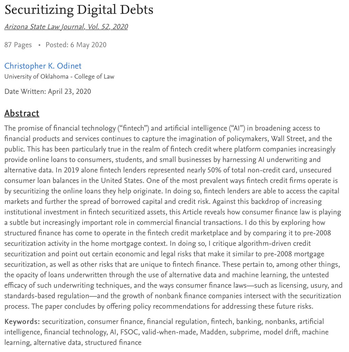 ChrisOdinet's tweet photo. Delighted to work with the editors @ArizStLJ on my latest article, "#Securitizing #DigitalDebts": https://t.co/UiID2z4547 #FintechFinance https://t.co/VW4CDNxoHk