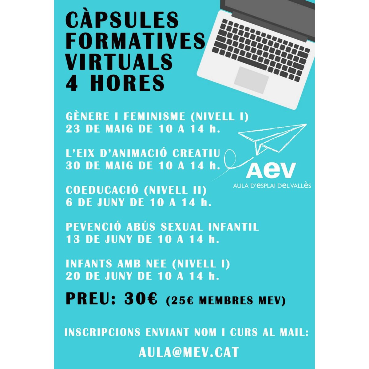 aev_Valles's tweet photo. 📣Càpsules formatives online!
.
💭Aprofita per especialitzar-te en les diferents temàtiques!
.
🔛Apuntar-se és molt fàcil, cal enviar un correu a aula@mev.cat, amb el teu nom i la càpsula que t'interessi. T'enviarem la confirmació de la inscripció i les dades de pagament! https://t.co/51ygvEkXYz