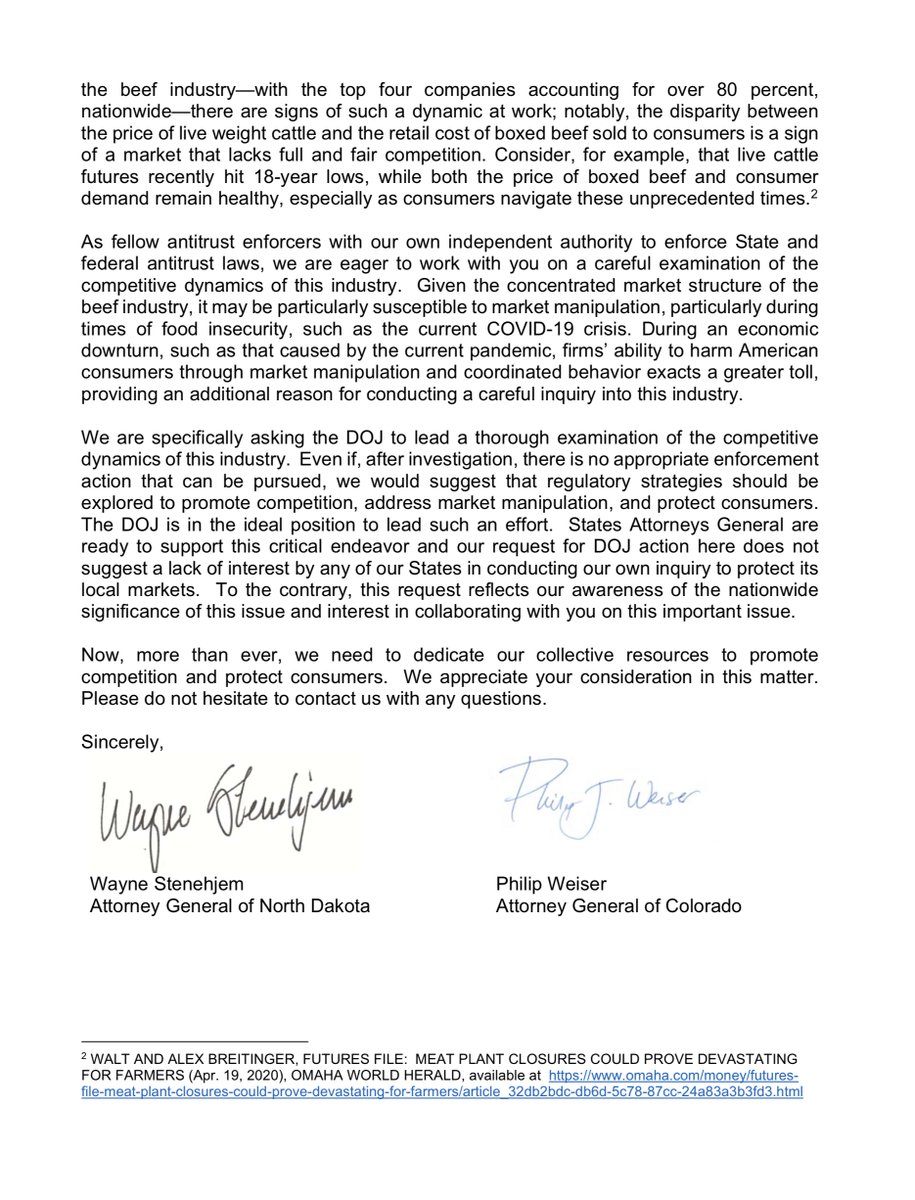 In which a coalition of State Attorneys General send a letter to  @JusticeATR re anti-trust issues within the cattle & meat packing industrythis sentence“We are specifically asking the DOJ to lead a thorough examination of the competitive dynamics of this industry“