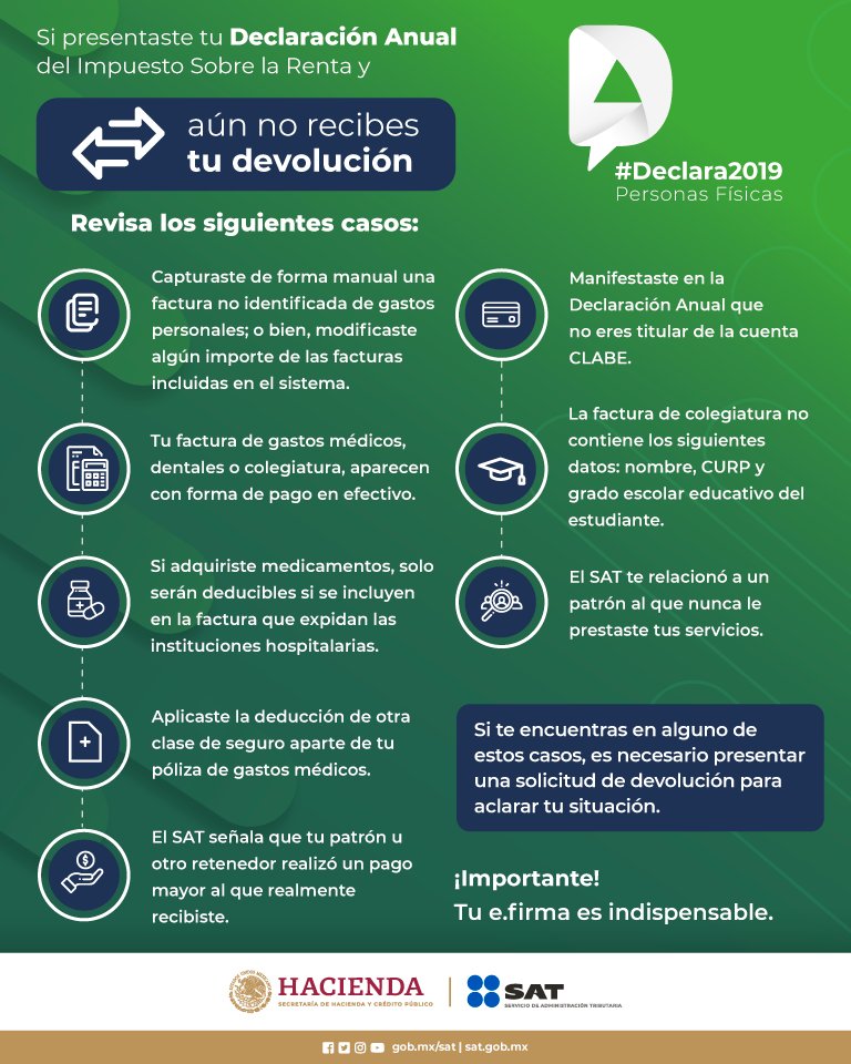 SATMX's tweet photo. ¿Aún no recibes tu devolución? Consulta estos puntos. 

Si te encuentras en alguno de estos casos, es necesario presentar una solicitud de devolución para aclarar tu situación. https://t.co/9PYciRAK6x