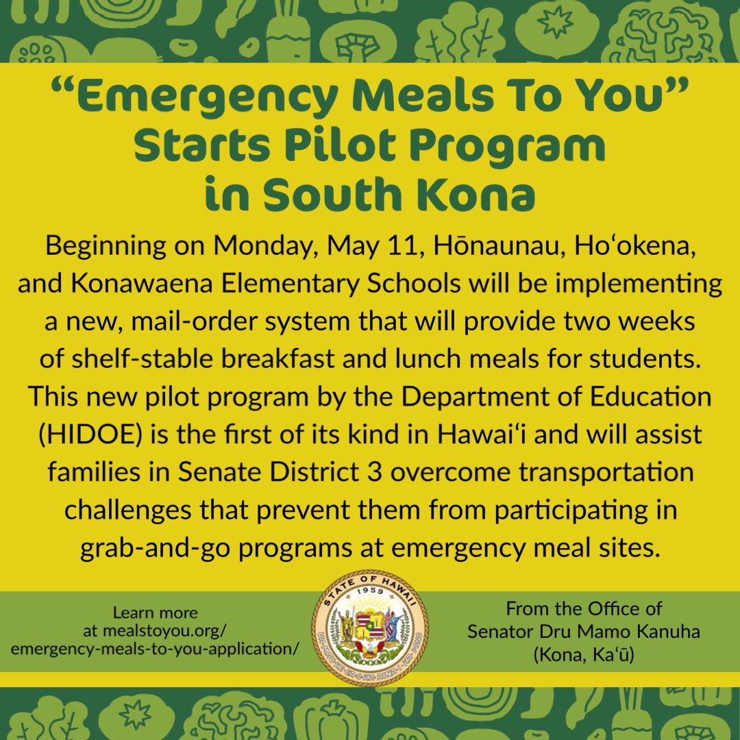 senatorkanuha's tweet photo. Huge news for South Kona! Working hand in hand with the Department of Education (HIDOE), we’ve finally secured the Emergency Meals-to-You program for keiki in rural communities. 

*Special mahalo to Principal(s) Patricia Champagne, Tammy Yoshimura-Furrer and Noreen Kunitomo 🙌🏽 https://t.co/Y3UbBOcQtu