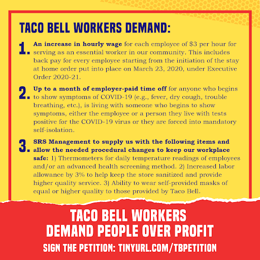 DSA is proud to stand with Taco Bell workers in Michigan as they organize under their federally protected rights and take on their bosses! Check out their demands and sign on here: tinyurl.com/TBPetition