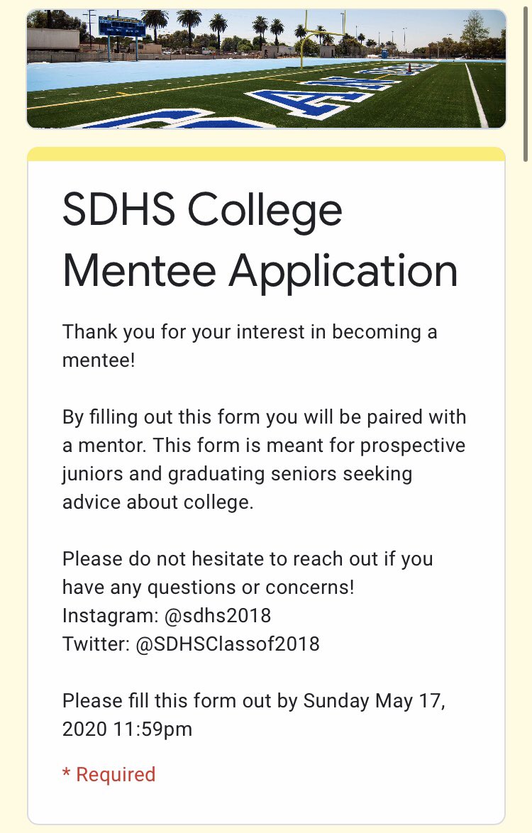We have started a mentorship program for SDHS students interested in learning about college! 

Are you an SDHS alumni interested in becoming a mentor? tinyurl.com/sdhsmentor

Are you a graduating senior or current junior interested in becoming a mentee? tinyurl.com/sdhsmentee