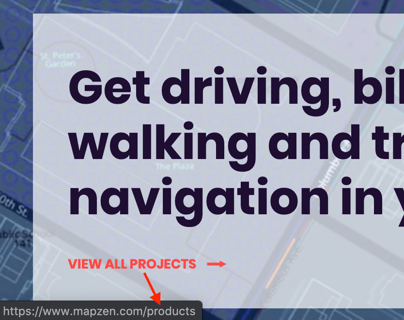 bransorem's tweet photo. @mapzen I love what you're doing! Heads up that your primary CTA is to a 404 (should be /projects NOT /products). https://t.co/FQtFj6BduV