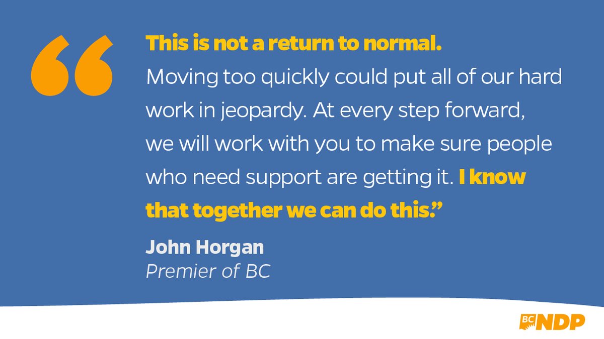 bcndp's tweet image. Today, John Horgan's BC NDP govt announced the plan for carefully restarting BC, while protecting people and the progress we’ve made. It's a hopeful, careful step towards recovery that starts in mid-May. Find out more at gov.bc.ca/restartbc #covid19bc #covidbc #restartbc