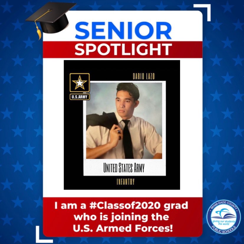 Thank you to our very own Gladiator hero, Dario Lazo, for enlisting in the armed forces 🧑🏽‍✈️. Thank you for your service!👏🏼👏🏼#MDCPSGrad, #Classof2020, #MeetMDCPSGrads, #SeniorSpotlight. @MDCPSNorth #thegladiatorlifeisthelifewelive @hghssga @hghs2020 @MDCPS