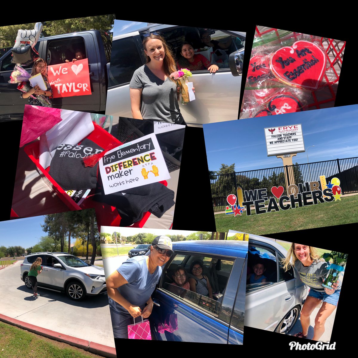 PisaShore's tweet image. Showed our staff some love today for #TeacherAppreciationWeek ! Drive-by per grade level- signs, flowers, cards, pictures, and most of all Thank yous were given! @FryeFalcons are #differencemakers