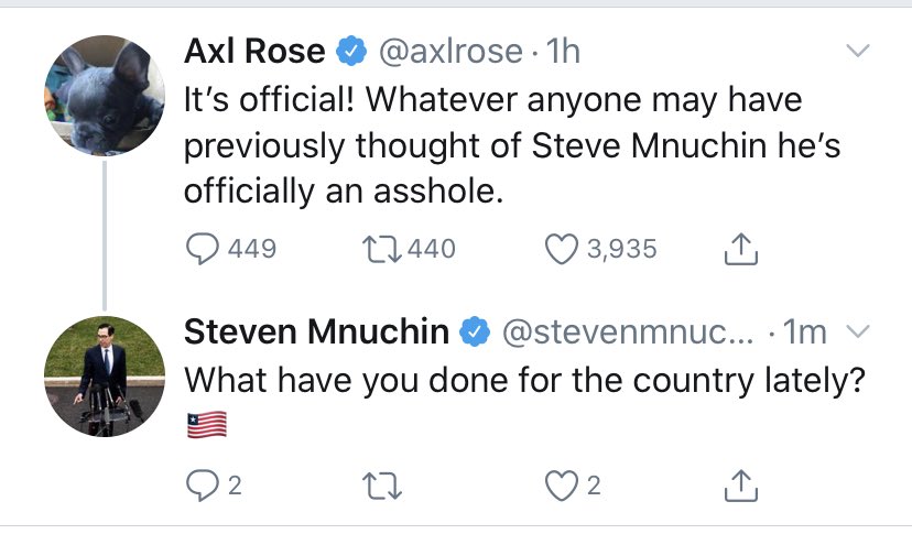 Mnuchin Gets Into Twitter Spat With Guns N' Roses Frontman