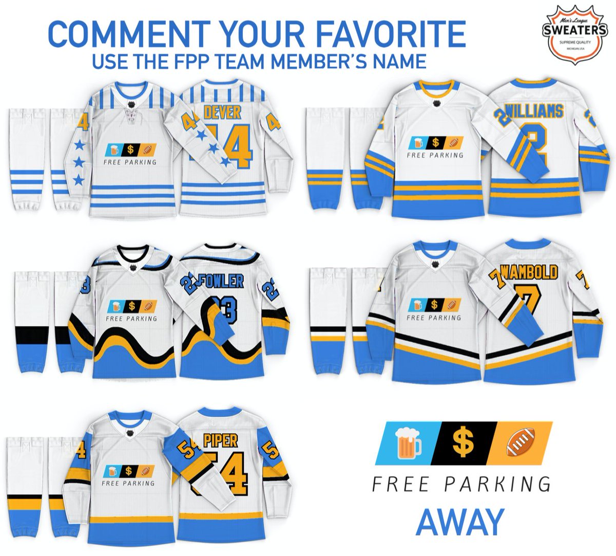 NIKE FPP HAT GIVEAWAY located on... instagram.com/freeparkingpod/

We’re missing hockey, just like most of you are... so in the meantime we went to @mensleaguesweaters new online jersey customizer and gave Free Parking Hockey Club an identity!⁣⁣
⁣⁣
A lot of spicy jerseys here! 🔥⚡️