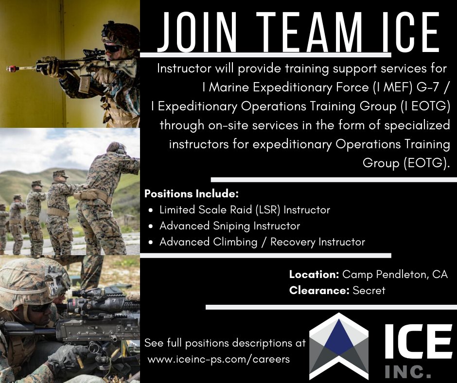 iceinc_corp's tweet photo. ICE Inc. is actively recruiting for Instructors at Marine Corps Base (MCB) Camp Pendleton, CA! 
For full position descriptions, visit the link: https://t.co/vvVtzDds1g
#JoinTeamICE #EOTG #ExpeditionaryOperationsTrainingGroup #Instructors #CampPendleton #ExerciseandTraining https://t.co/yyIxSqJxCO