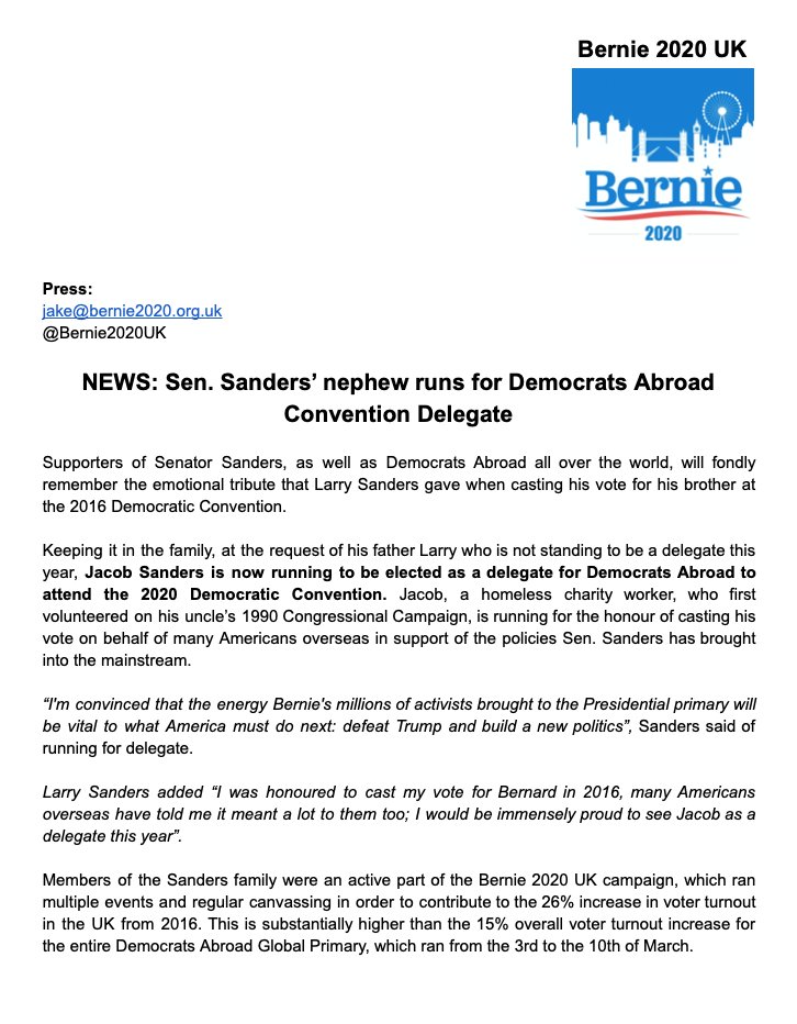 Bernie2020UK's tweet photo. Our statement on @BernieSanders' nephew, Jacob Sanders, running for DA delegate. 

Jacob, end right, works for a homeless charity in the UK &amp; volunteered on Bernie's 1990 Congressional race.

His statement is at: https://t.co/zIz5dWYW0B

@DemsAbroadUK @DemsAbroad @Sanders4Health https://t.co/bIzUGYCpSY
