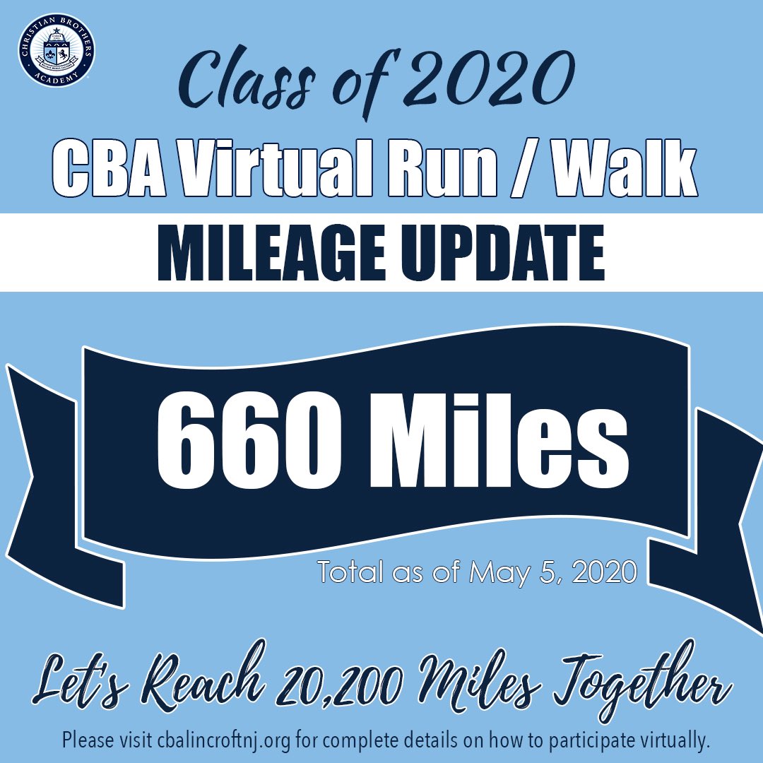 Christian Brothers Academy (@cbalincroft) on Twitter photo Keep walking and running, Colts!
🔹Enter you miles daily with this quick form: bit.ly/cba2020miles
🔹Post on your *public* social media account with the #CBA2020VirtualRunWalk
🔹Send an email to cba2020virtualrunwalk@gmail.com with your miles.
#TheCBAWay Keep walking and running, Colts!
🔹Enter you miles daily with this quick form: bit.ly/cba2020miles
🔹Post on your *public* social media account with the #CBA2020VirtualRunWalk
🔹Send an email to cba2020virtualrunwalk@gmail.com with your miles.
#TheCBAWay