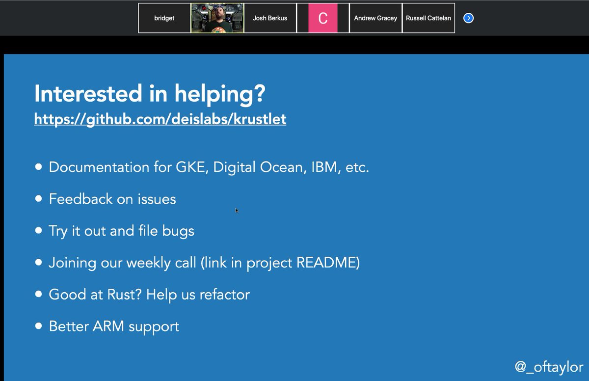 bridgetkromhout's tweet image. Get involved with Krustlet! Lots of exciting bugs for you to chase down.😹 Thanks to @_oftaylor for a great presentation with lots to learn and try. #devopsmsp github.com/deislabs/krust…