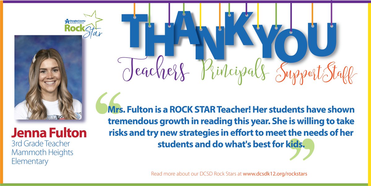dcsdk12's tweet photo. Meet Jenna Fulton, 3rd Grade Teacher at Mammoth Heights Elementary. She was nominated as a Rock Star Employee this year.

Read about all of the DCSD Rock Stars here:
https://t.co/dReSQczjeD

#ThankATeacherDCSD #DCSDFamily https://t.co/RY5sCCt1rg