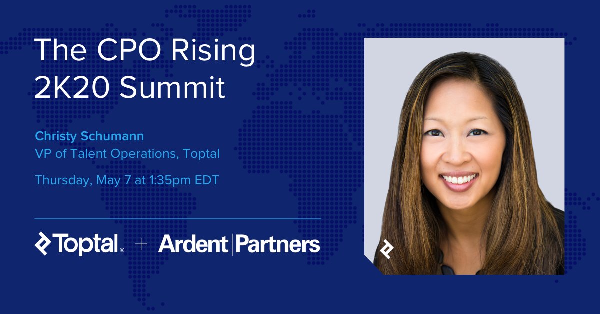 Christy Schumann, Toptal's VP of Talent Ops, joins <a href="/ardentpartners/">Ardent Partners</a> tomorrow at 1:35pm EDT at their #CPORising2K20 Virtual Summit where she'll discuss our Suddenly Remote Playbook and how leaders can navigate their teams through these disruptive times. topt.al/xRckrM