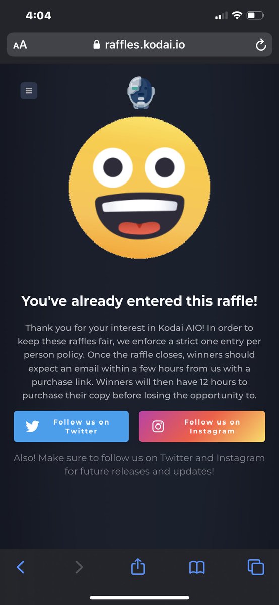 KicksJs's tweet photo. @KodaiAIO I got “you’ve already entered” even tho I just signed in... https://t.co/CoBLrrlzNC