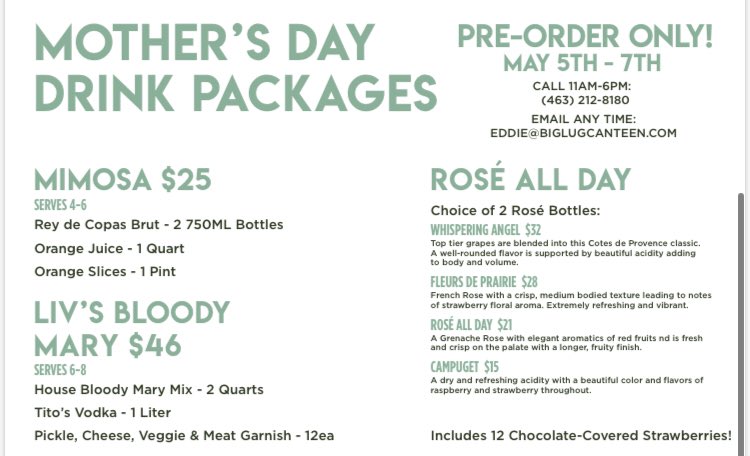 LiterHouse's tweet image. Mothers Day menu is available for pre-order! Today and tomorrow are your last chance at reserving this for your mama. Call us (463)212-8180 or email us at eddie@biglugcanteen.com
