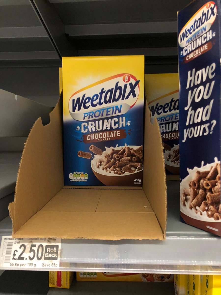 louise_vlcek's tweet photo. When your husband discovers your favourite breakfast cereal (which you are ridiculed for eating in work) is back in stock after months of being out of production.....forget lockdown restrictions....#panicbuyingtheChocProteinCrunch #mademyday #highlightoflockdown π€£ @weetabix https://t.co/2y2ZEG95jI