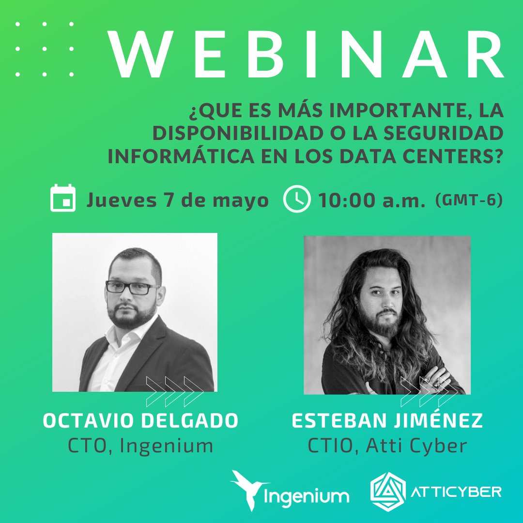 IngeniumLA's tweet image. Le esperamos mañana Jueves 7 de mayo en nuestro WEBINAR: ¿Qué es más importante, la disponibilidad o la seguridad informática en los Data Centers?
¡No se lo pierda!
Regístrese en: bit.ly/2yaVpGp