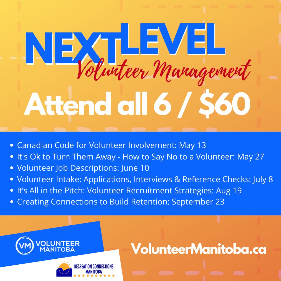 volunteermb's tweet photo. Take your volunteer program to the next level!
In partnership with @Rec_Connections, we are pleased to present this series of six webinars on volunteer management โ for only $10 each!
To learn more or to register click here: https://t.co/rYjiOVRbgt
#VMtraining #learning https://t.co/Bxd4OeNTuj