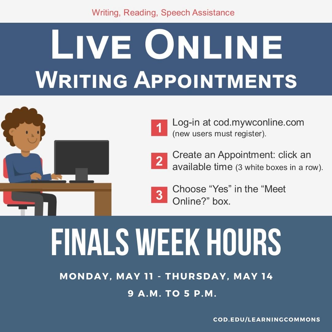 TASC_COD's tweet photo. Writing, Reading, Speech Assistance online support will have reduced hours next week. Coaches will be available Monday - Thursday from 9 a.m. to 5 p.m. Schedule an appointment by visiting the link in our bio.
#CODLearningCommons #WRSAWednesday #ChapsUnite https://t.co/7uZiO6HdiN