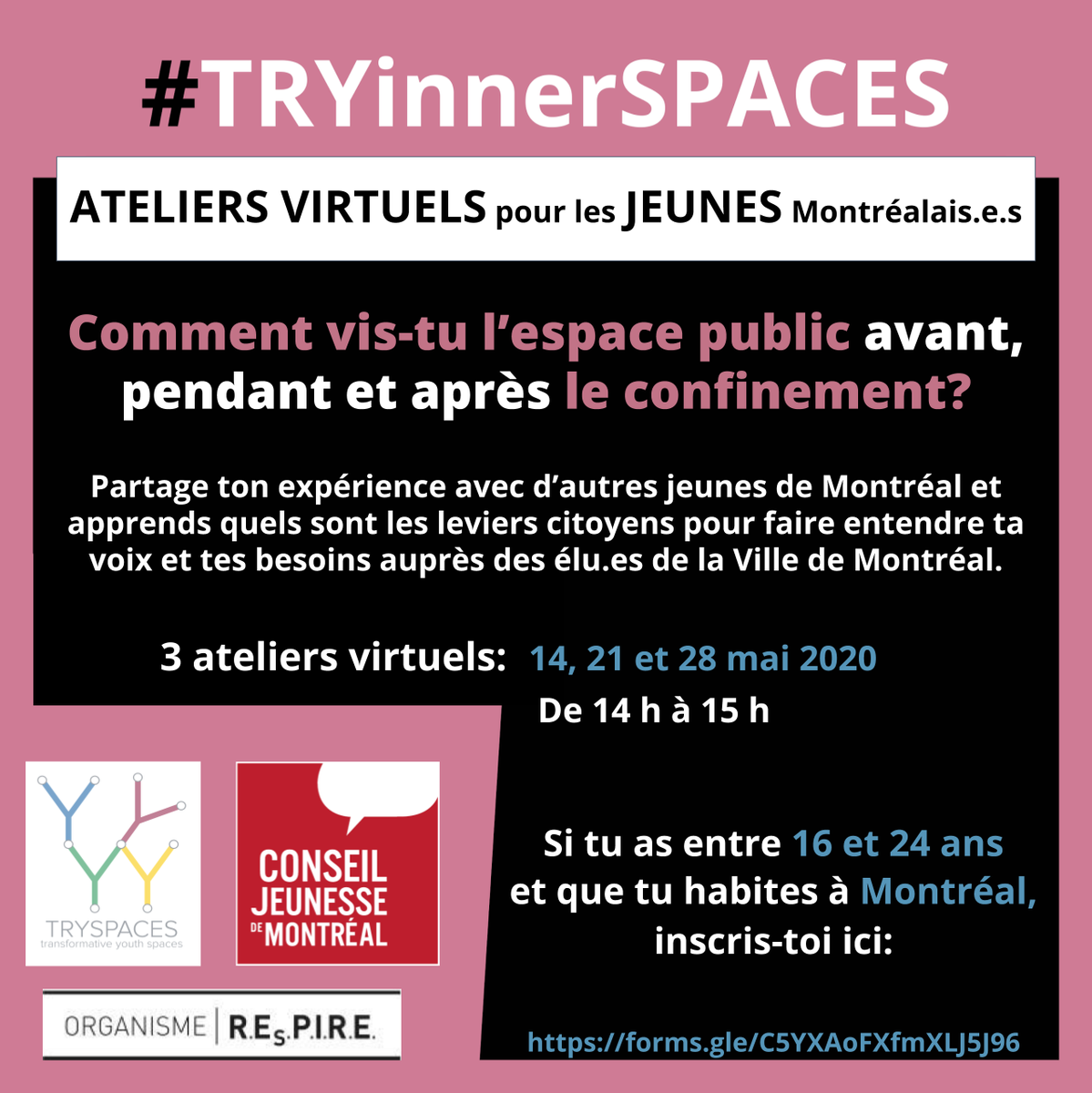 cjmtl's tweet photo. Partage ton expérience avec d'autres jeunes et apprends quels sont les leviers pour faire entendre ta voix et tes besoins auprès des https://t.co/hBSsGyvcFw de la Ville de Montréal! 💬🌈

Inscription : https://t.co/b1CIWsccuO
#TRYinnerSPACES https://t.co/S8E3TpDqV8