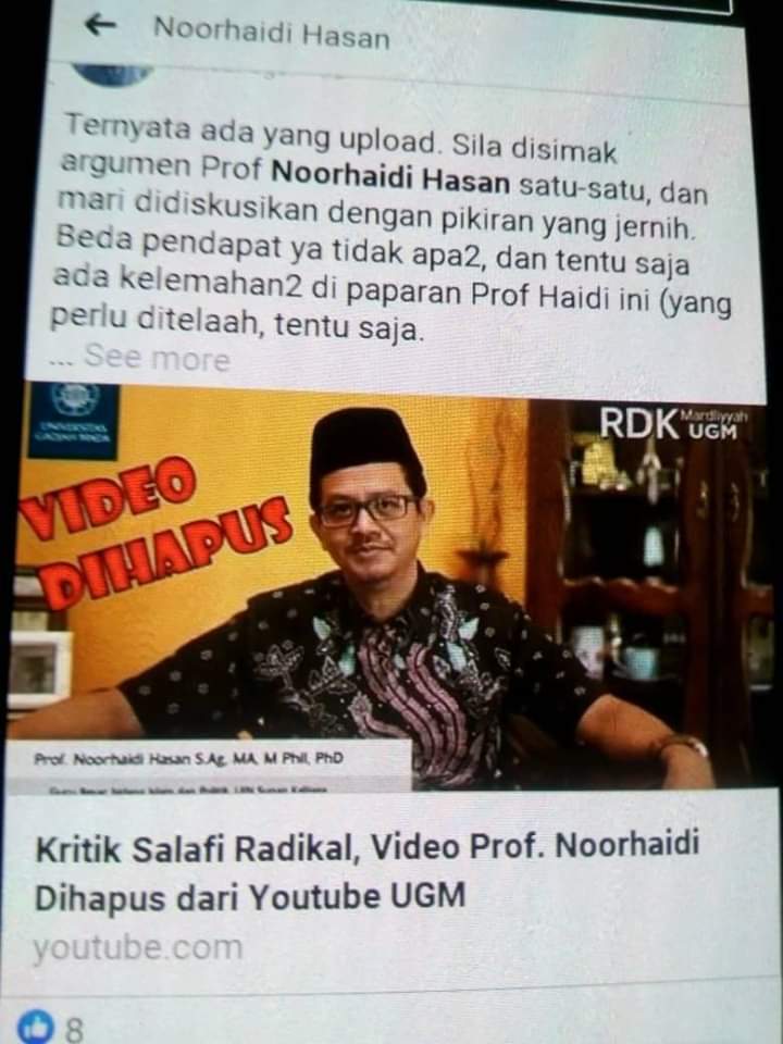 AhlulQohwah's tweet photo. Ramai orang membicarakan ceramah Prof. Noorhaidi Hasan (Prof Haidi) di laman Masjid Mardhiyyah UGM. Baru tayang sebentar, videonya sudah dihapus. Ada apa? Bulankah yg dikritik adalah radikalisme?

Sebaiknya @UGMYogyakarta klarifikasi sblm menjadi polemik. https://t.co/dKXsZqUoog