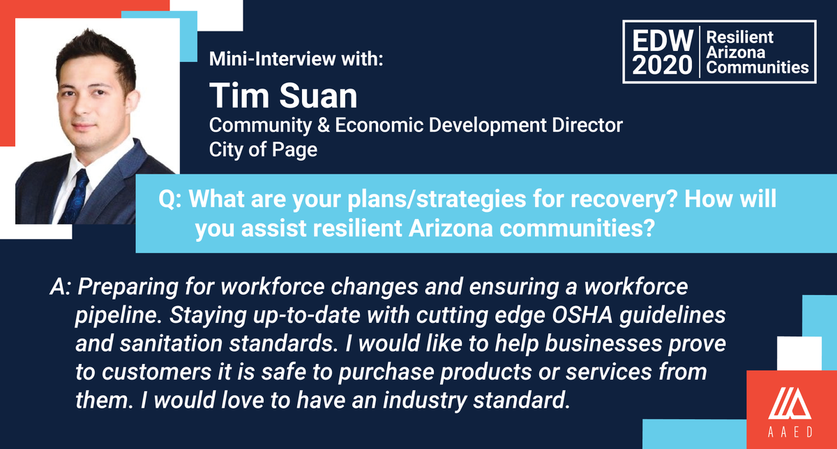 _AAED's tweet photo. It’s day 3 of #EconDevWeek and #aaedAZ is highlighting #resilientAZ Communities.

Our next mini-interview is with Tim Suan, Community and Economic Development Director for the City of Page.

Visit https://t.co/l3doG6rfEs to read and share his full interview!
#EDW2020 #aztogether https://t.co/ittp1tEklW
