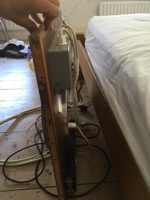 11/ A few days later I drove into Bush House, stuck it in the back of the car and got it home. As you can see, it had a lot of thick wires, no sides, one of the clocks didn't work, it had no power, and it duly settled in under our bed.