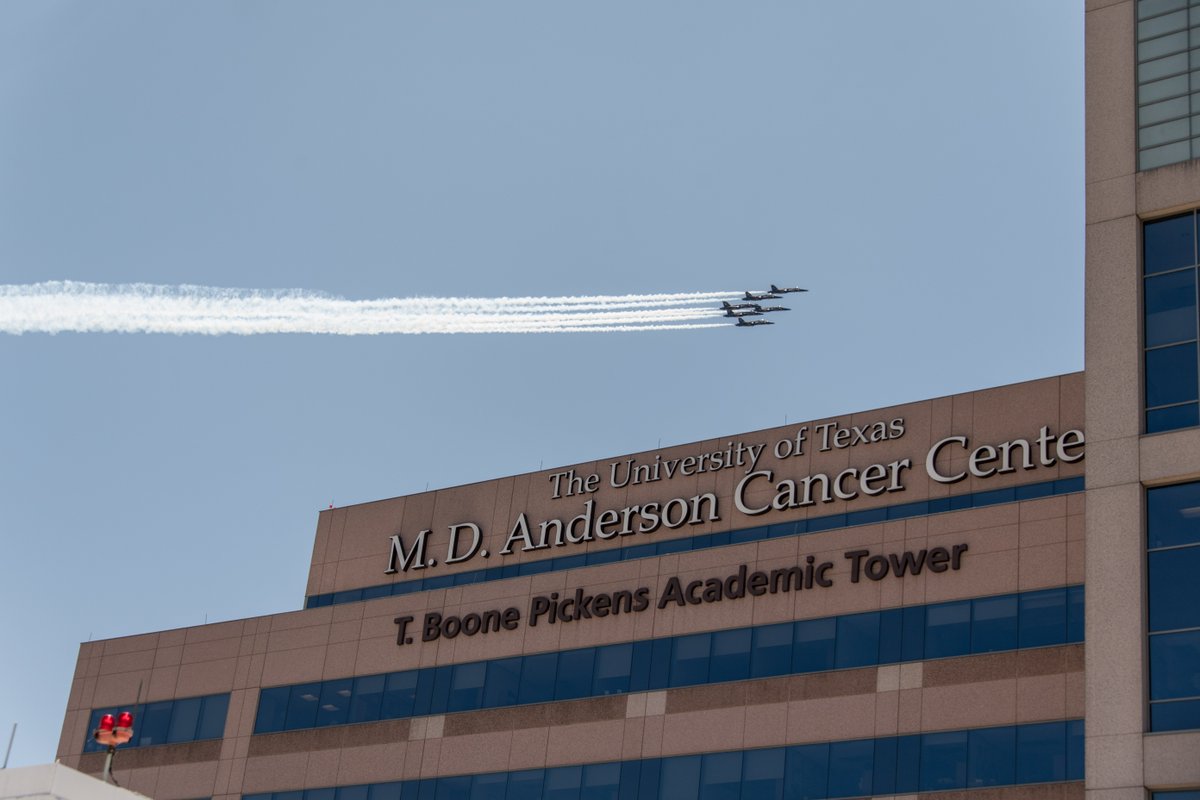 sgswisher's tweet photo. Inspiring salute to our #healthcareheroes from the @BlueAngels. So proud of the dedication and teamwork displayed by those at @MDAndersonNews working to protect the most vulnerable from #COVID19. #oncsurgery https://t.co/NwmIDa7gK5