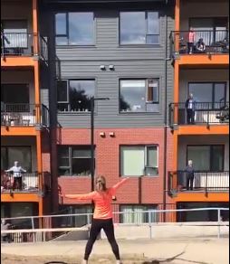 CDIatUNBC's tweet photo. Tenants at a retirement home in @OurEnderby display passion for activity in workout sessions from their balconies – working on physical and mental wellness together, while still staying apart.
#stayconnected #communitysupport #socialsolidarity #sharelearncommunicate #spreadhope https://t.co/S1mCJWI0Sl