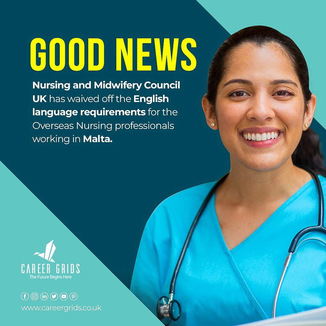 CareerGridsUK's tweet photo. According to the new update by UK’s Nursing and Midwifery Council (NMC), Nurses who possess 1 year clinical experience in Malta are allowed to register in NMC without meeting the IELTS/OET requirement. 

#nmc #nmcuk #ielts #oet #malta #nurses #nursestotheuk #nursestoireland https://t.co/fhHRKbkTy3