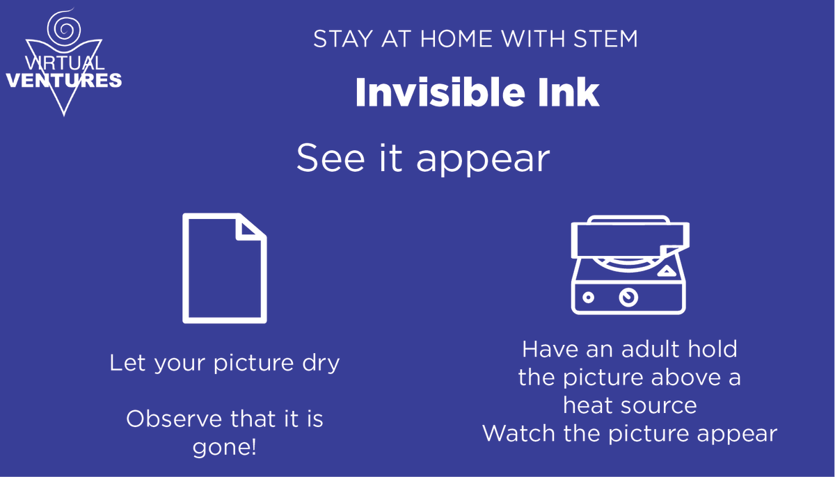virtualventures's tweet photo. Have you ever wanted to write a secret message? Well now you can! And all you need to do is heat it up to reveal! #StayAtHomeWithSTEM https://t.co/YcYXeXx8Ly