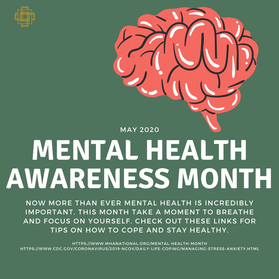 Mental Health Awareness Month 2020
Be Kind to Your Mind

Tips to cope with stress during COVID-19
1. PAUSE. Breathe. Notice how you feel
2. TAKE BREAKS from COVID-19 content
3. MAKE TIME to sleep and exercise
4. REACH OUT and stay connected
5. SEEK HELP if overwhelmed or unsafe