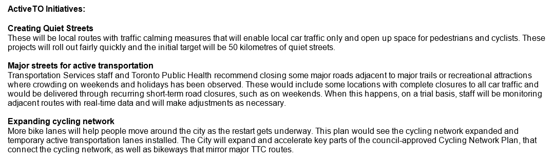 JohnTory's tweet photo. ActiveTO is about making sure people have space to get outside, have space to get around while respecting physical distancing, and - when it comes to the larger bike lane projects - that we have a safety valve when it comes to the TTC. #ActiveTO https://t.co/DFqeh8FwBs